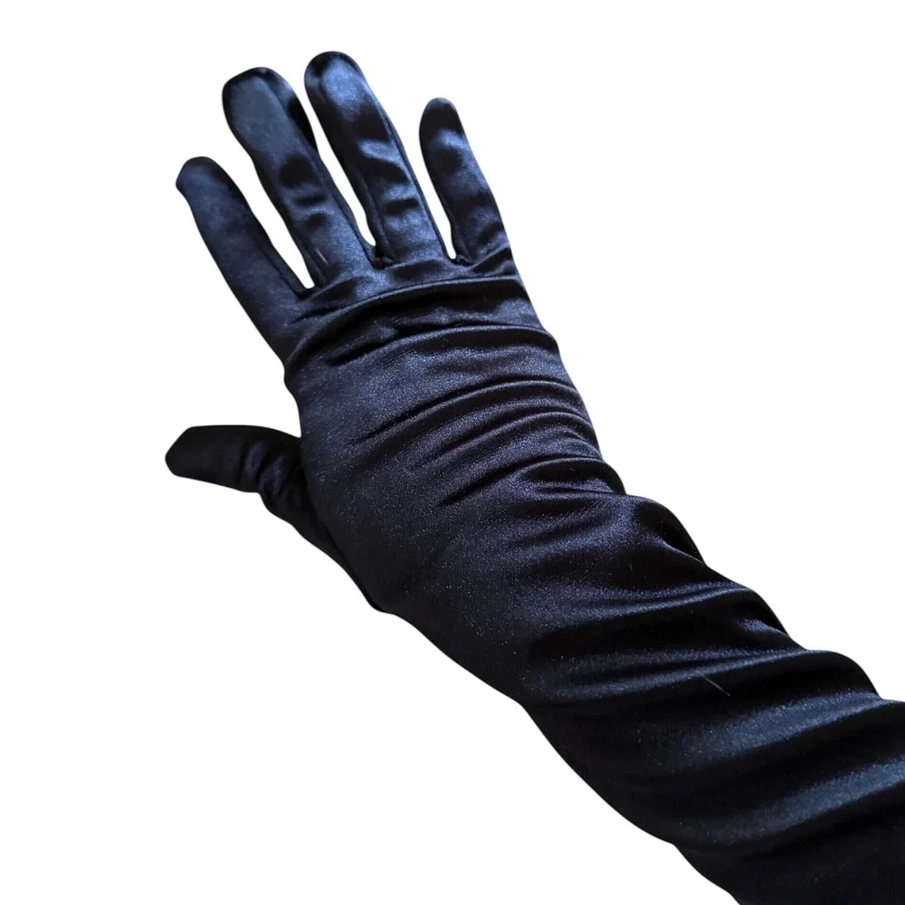 Vintage Style Black Satin Opera Length Evening Gloves Over Elbow Formal 21 Inch